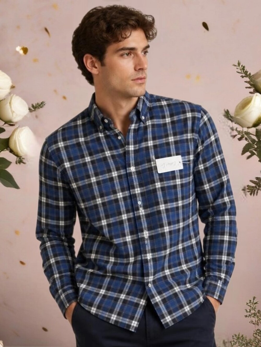 Men's Plaid Button-Front Long Sleeve Shirt Size L